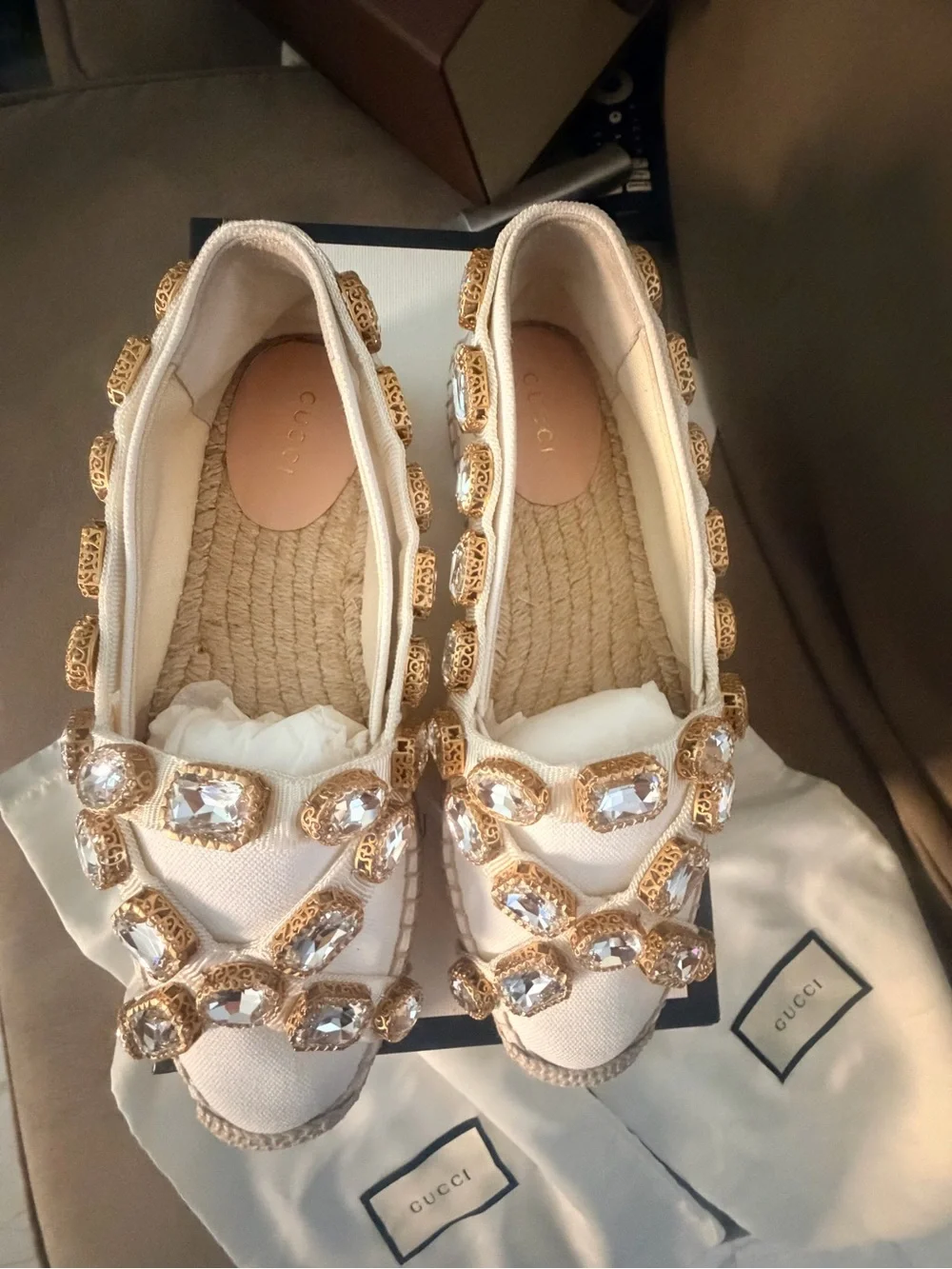 Gucci Cream Jeweled Canvas Espadrille Slip-Ons - Picture 4 of 7
